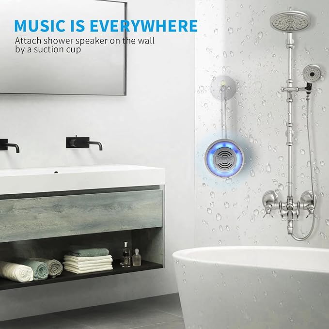%EF%BC%B7elcometoOKJEW Okjew Bluetooth Shower Speaker, IP67 Waterproof Wireless Speaker with Colorful LED Lights, True Wireless 3D Stereo Sound, Portable Outdoor Speakers for Beach, Pool, Kayak, Travel, and Home Use (Blue)