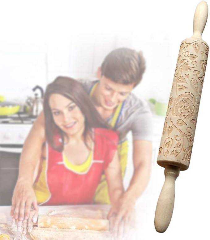 Wooden Rolling Pin, Rose Flower Embossed Engraved Carved Rolling Pin, - Image 2