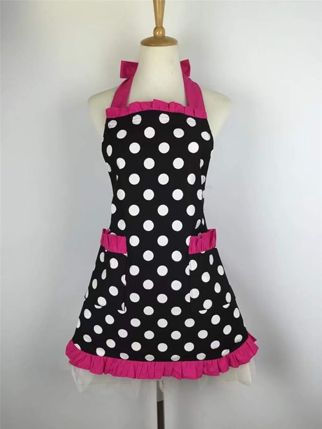 Hyzrz Cute Apron Retro Black Polka Dot Retro Ruffle Side Vintage Cooking Aprons - Image 4