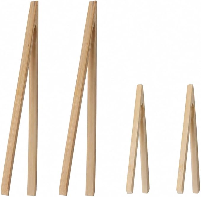 HIC Kitchen Toast Tong Set, Natural Bamboo, 4-Piece Set, Includes 2 Each 6.5 by HIC