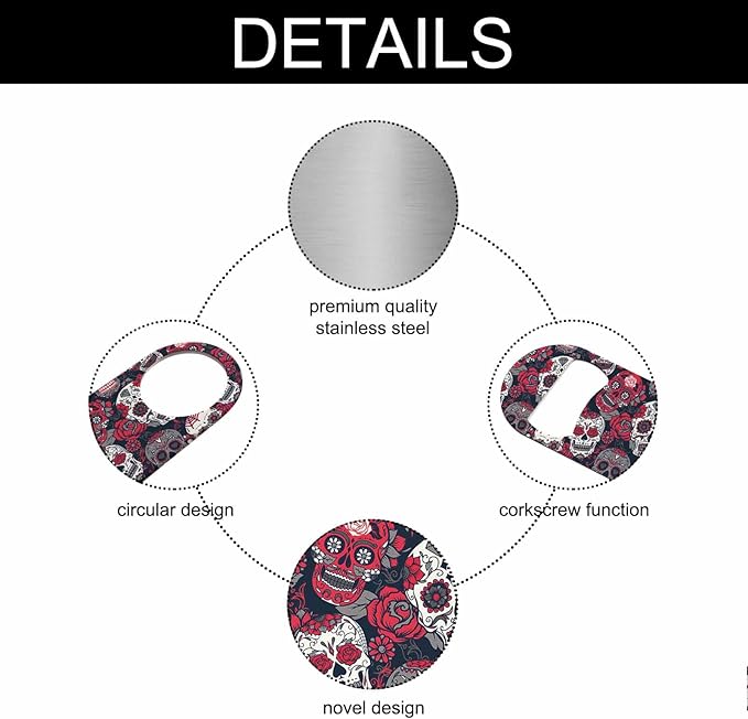Skull and Flowers Stainless Steel Bottle Opener Day of The Dead Skull Red Peony - Image 3