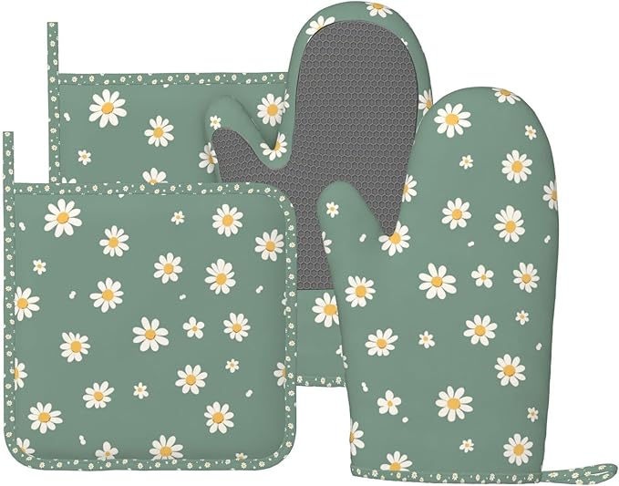 Oven Mitts and Pot Holders Daisy Flower Green Silicone Kitchen Accessories Set by DADABULIU