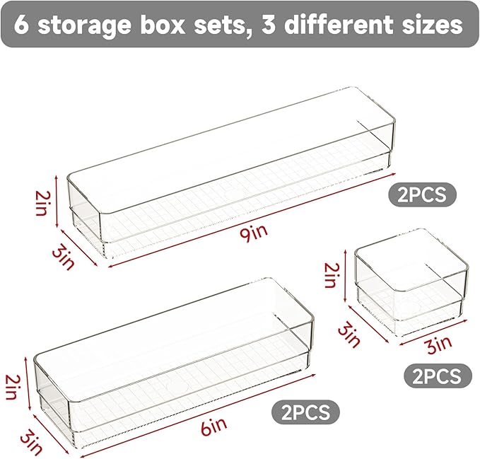 6 PCS Clear Plastic Drawer Organizer Set, 2 Sizes Acrylic Drawer Storage Trays - Image 2