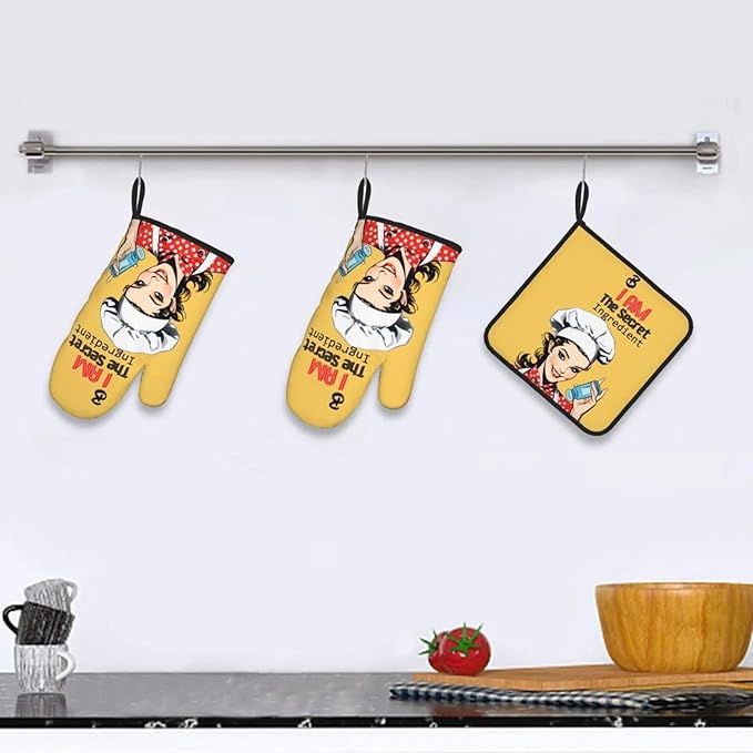 Cute Yellow Retro Chef Humorous Oven Mitts & Pot Holders Set of 3, Heat - Image 5