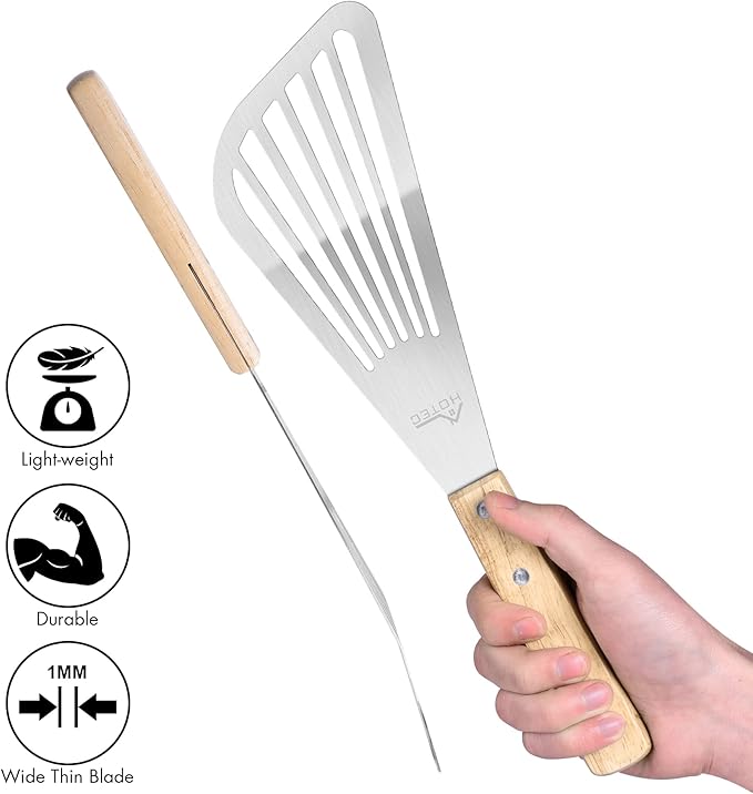HOTEC 2pcs Stainless Steel Wooden Handle Fish Spatula, Metal Spatula Flipping - Image 4