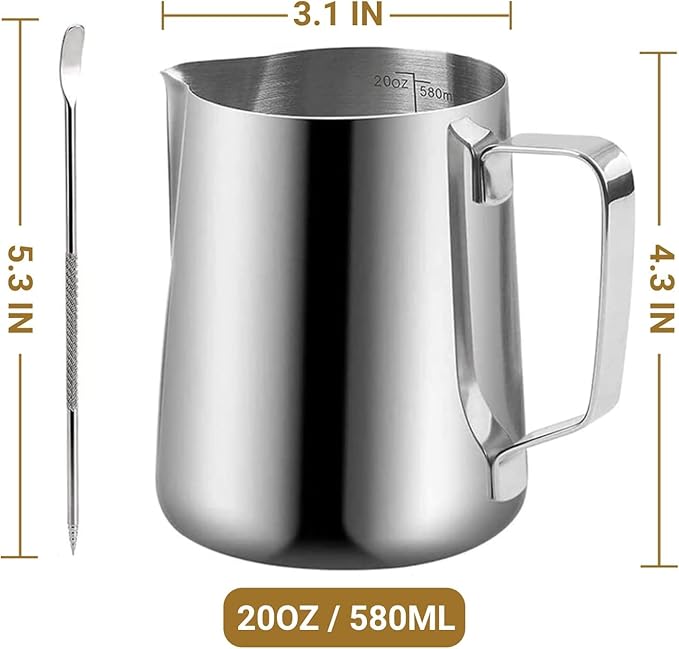 Milk Frothing Pitcher, 600ml Milk Frother Cup Stainless Steel Jug Steaming - Image 3