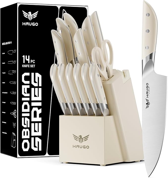 Kitchen Knife Set with Block: 14-Piece German Stainless Steel Full Tang by Haugo