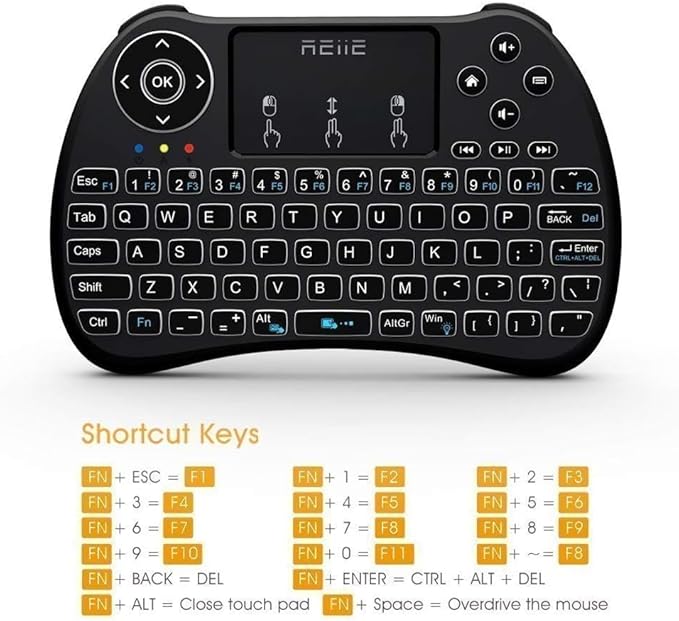 (Backlit Version)REIIE H9+ Mini Keyboard,2.4GHz Wireless Mini Handheld Smart TV Remote Keyboard with Touchpad for PC,Raspberry Pi 2, Pad, Smart TV, Android TV Box, Windows 7 8 10（Not Suport Bluetooth）