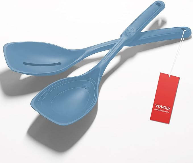 2 Pack Large Silicone Cooking Spoon, Non-Stick Slotted and Solid Spoon set by VOVOLY