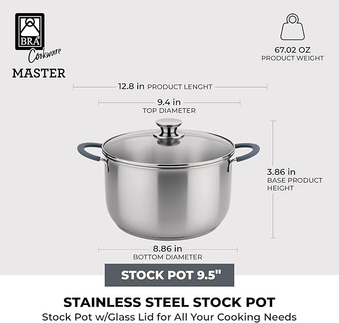 BRA COOKWARE Master Stainless Steel Stock Pot w/Glass Lid | 9.5 Inch 4 Quart - Image 2