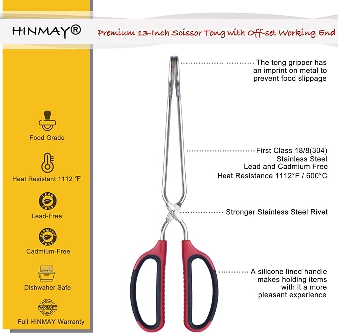 HINMAY 13-Inch Stainless Steel Scissor Tongs - Image 2