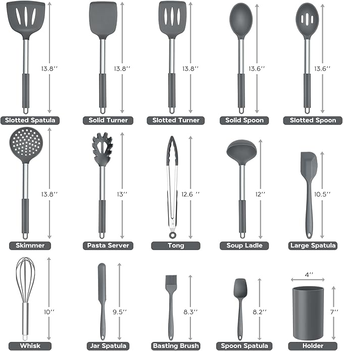 Onader Kitchen Cooking Utensils Set of 15, Silicone and Stainless Steel - Image 2