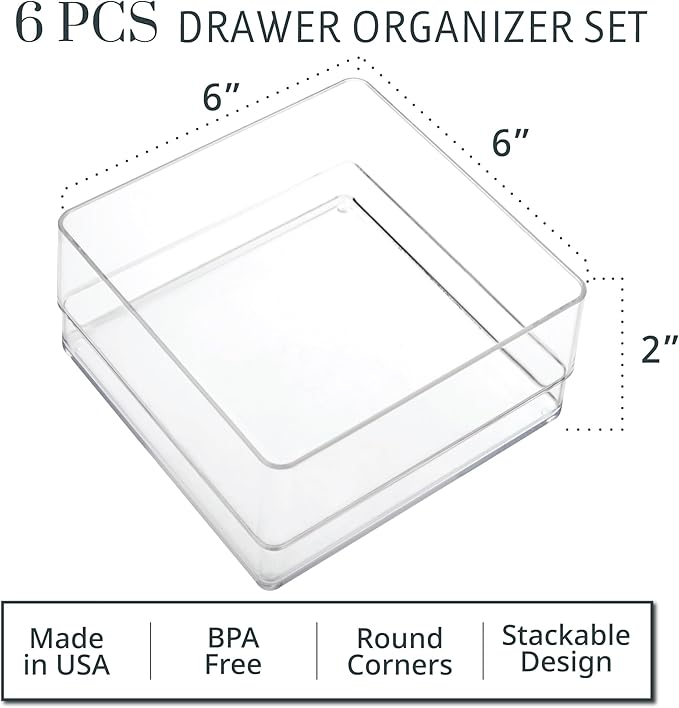 STORi SimpleSort 6-Piece Stackable Clear Drawer Organizer Set | 6" x 6" x 2" - Image 2
