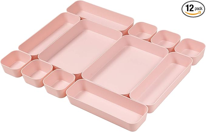 Set Of 12 Pink Color Plastic Desk Drawer Organizers by Backerysupply
