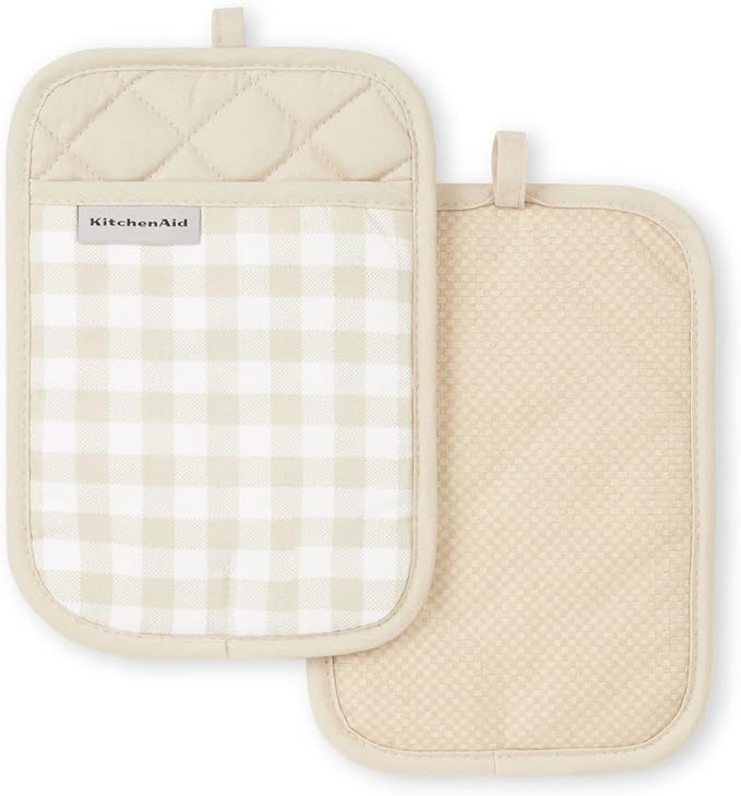 KitchenAid Gingham Pot Holder 2-Pack Set, Milkshake Tan by KitchenAid