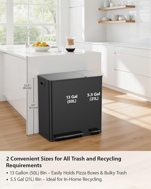 Lovewind Double Trash Can Kitchen, 13+5.5 Gallon Stainless Steel Dual Trash and - Image 2