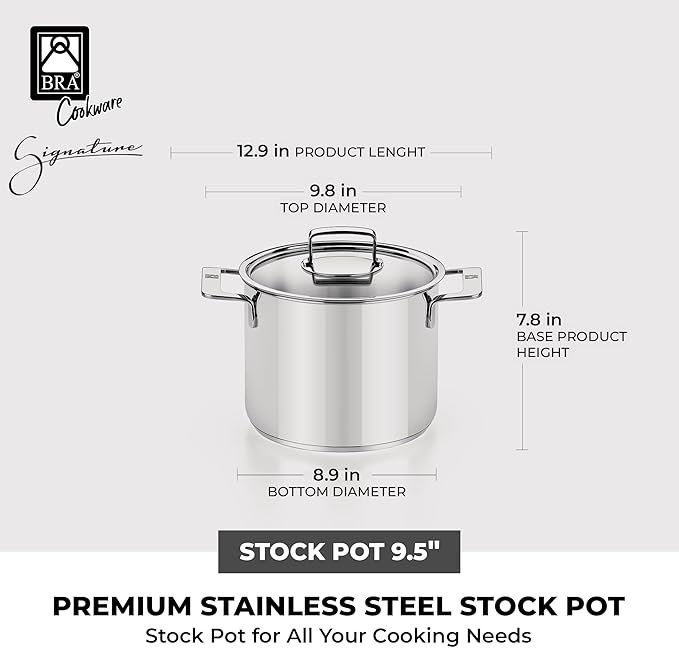 BRA COOKWARE Signature Stainless Steel Stock Pot w/Glass Lid | 9.5 Inch 9 Quart - Image 3