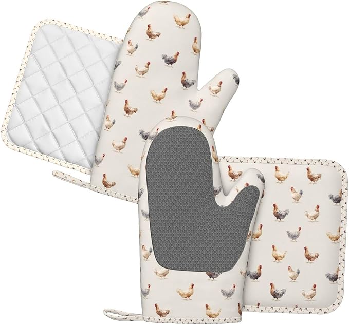 Oven Mitts and Pot Holders Set, Chicken Pattern Silicone Kitchen Accessories 4 - Image 2
