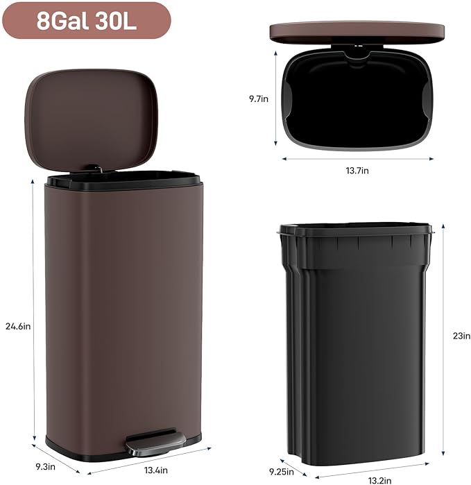 Arlopu 8 Gallon Step Trash Can, Stainless Steel Garbage Bin, Soft-Close Rubbish - Image 2