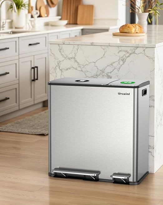 Dual Trash and Recycling Bins for Kitchen, 13.2 + 5.2 Gal Stainless Steel Trash - Image 9