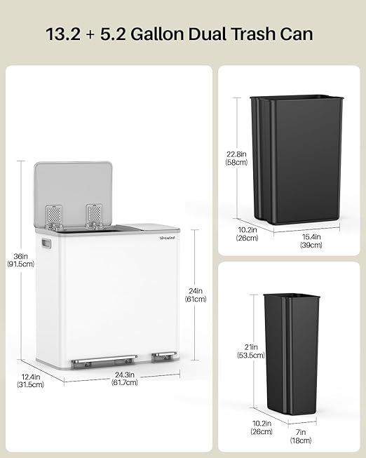 Dual Trash and Recycling Bins for Kitchen, 13.2 + 5.2 Gal Stainless Steel Trash - Image 6