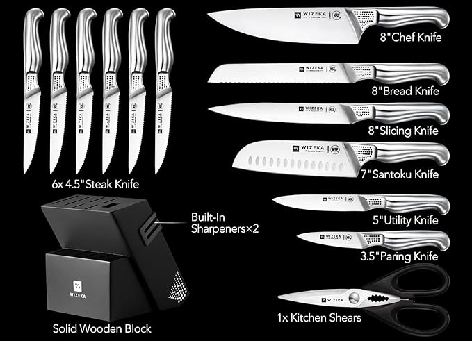 WIZEKA Kitchen Knife Set with Block: 15PCS German Stainless Steel Knife Block - Image 5