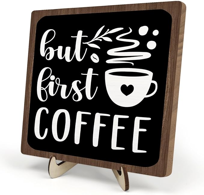 Vintage Coffee Bar Wooden Plaque Desk Sign, Farmhouse Wood Plaque Tabletop Decor by DMADNF