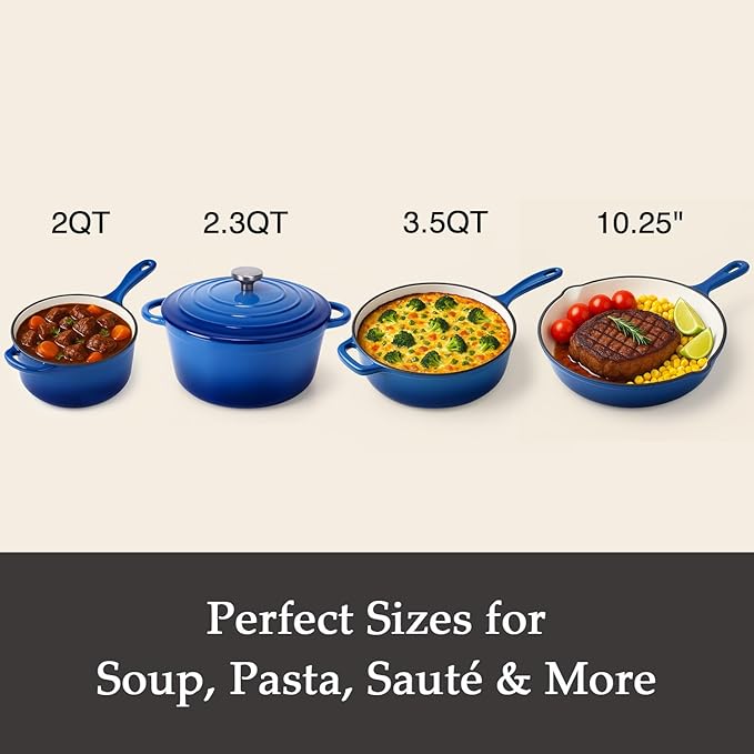 QuliMetal Nonstick Enameled Cast Iron Cookware Set, 4-Pcs Pots and Pans - Image 2