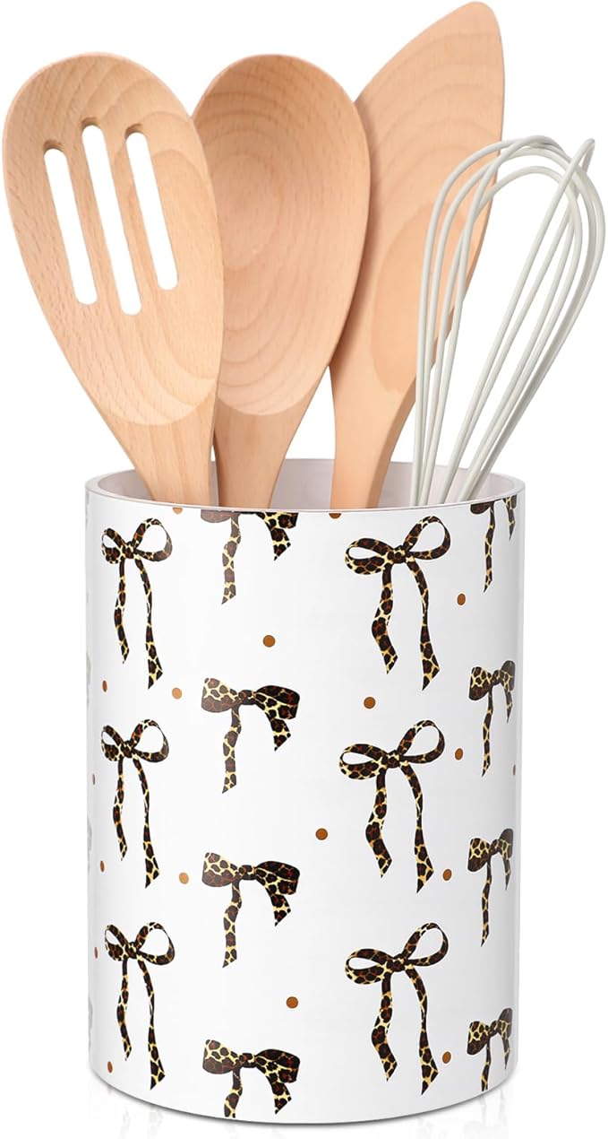 WILLBOND Leopard Print Bow Kitchen Decor Acrylic Kitchen Utensil Holder Crock by Willbond+Technology+Limited