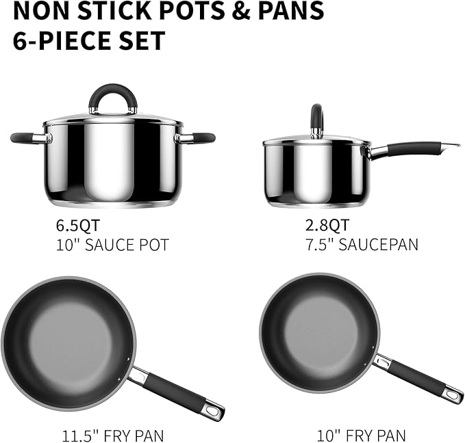 Pots and Pans Set Non Stick, 5 Ply Stainless Steel Cookware Set of 6, 2.8QT - Image 2