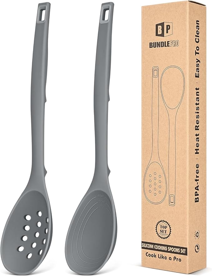 Pack of 2 Silicone Cooking Spoons, Non Stick Solid Kitchen Spoon by BUNDLEPRO