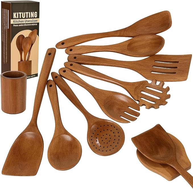 Wooden Spoons for Cooking Set of 10 by Kituting