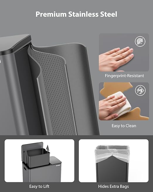 Dual Trash and Recycling Bins for Kitchen, 13.2 + 5.2 Gal Stainless Steel Trash - Image 3