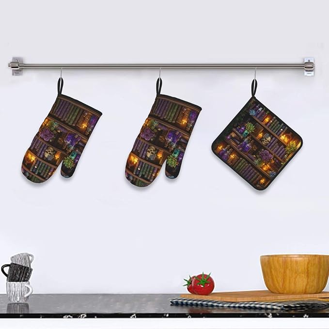 Witch Gothic Oven Mitts and Pot Holders Sets, Witchy Wicca Skull Baking Glovers - Image 6