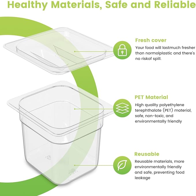 6 Pack Plastic Food Pan with Lid 1/6 Size 4 Inch Deep Restaurant Clear Food - Image 3