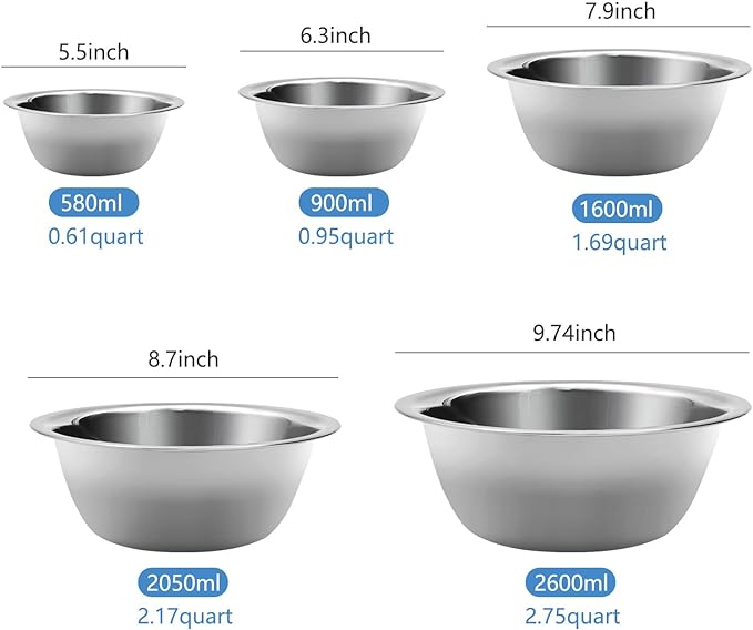Mixing Bowl Set of 5, Stainless Steel Mixing Bowls, Nesting Whisking Bowl Set - Image 4