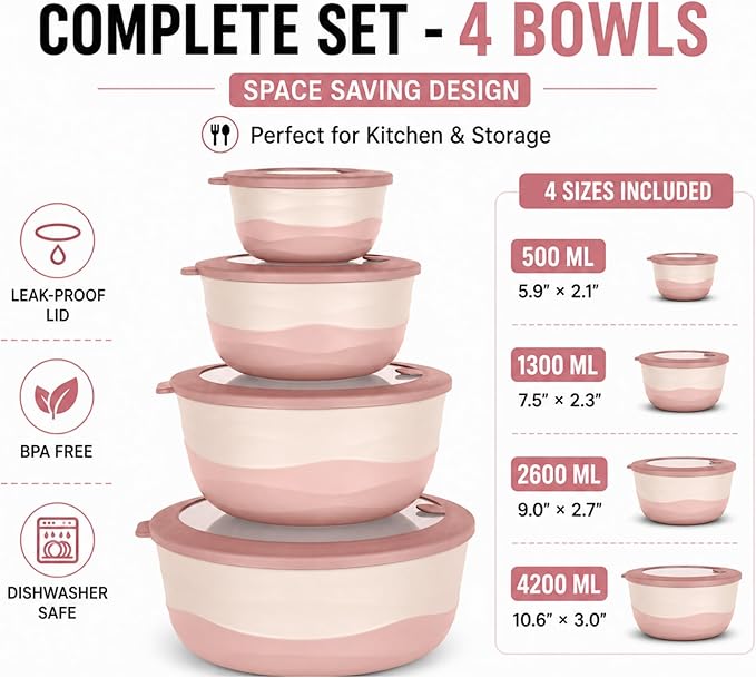 Pera Mixing Bowls with Lids Set, 8 Piece, BPA Free Nesting Kitchen Bowl Set - Image 4