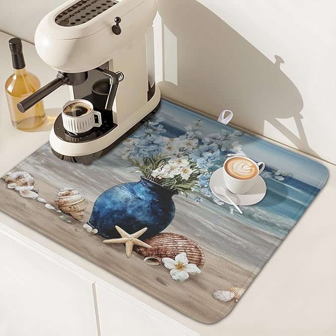 Summer Beach Dish Drying Mat for Kitchen Counter Nautical Coastal Blue Ocean - Image 7