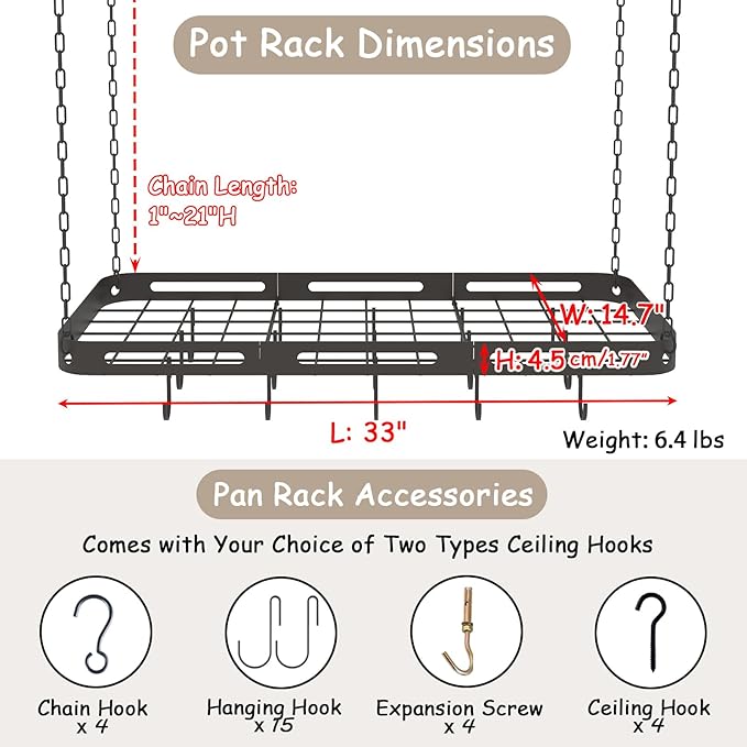 33” Pots and Pans Hanging Rack, Heavy-duty Metal Square Kitchen Ceiling Pot Rack - Image 3
