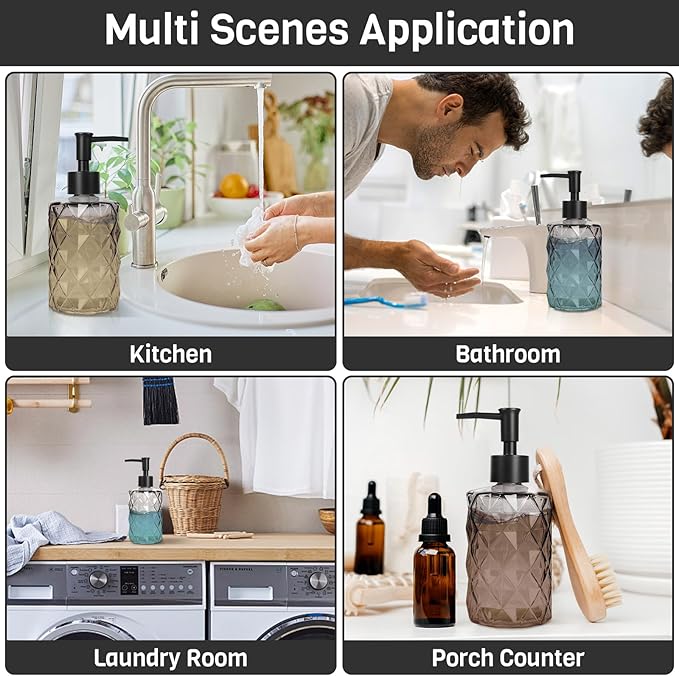 Glass Soap Dispenser with Plastic Pump, 2 Pack 12oz Gradient Diamond Design - Image 3