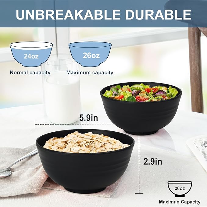 Ramen Bowl 26oz, Unbreakable Wheat Straw Bowls Sets of 6, Plastic Bowl Reusable - Image 2