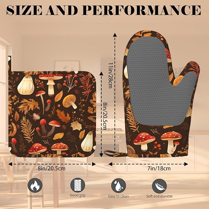 Mushroom Oven Mitts and Pot Holders Sets Vintage Leaf Silicone Kitchen Mitts - Image 3