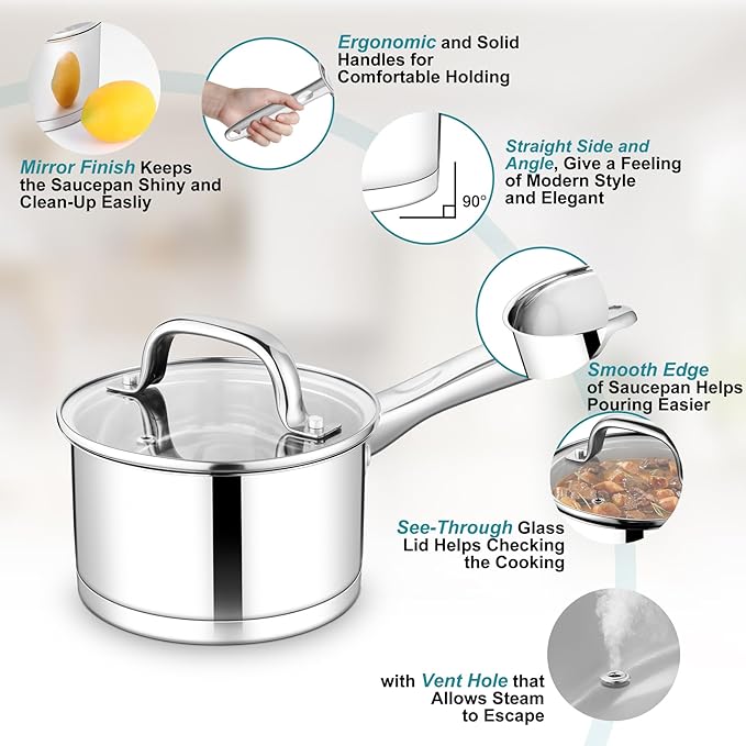 TeamFar 1 qt Saucepan, Stainless Steel Small Sauce Pan & Lid - Image 3