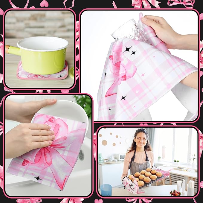 Fourluoo 10 Pcs Bow Kitchen Dish Towels Rugs Oven Mitts and Pot Holders Set - Image 6