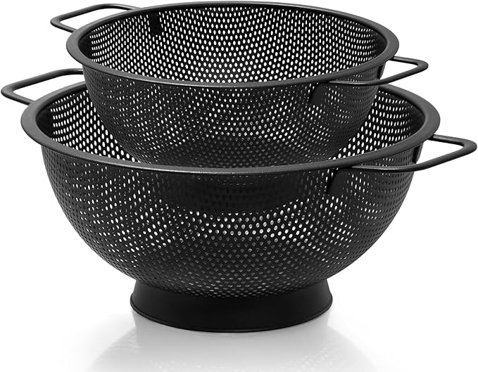 2PCS Black Colander for Kitchen, 3QT and 5QT, Stainless Steel Pasta Strainer by Kteniy