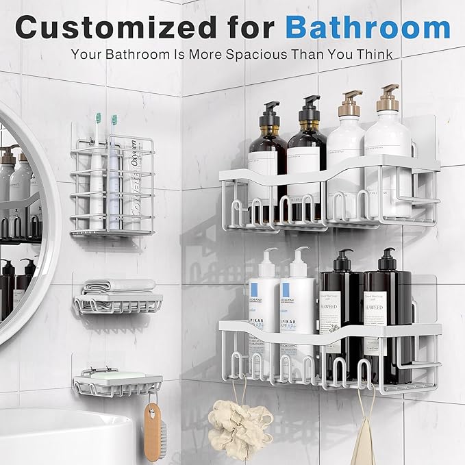 EUDELE 5-Pack Rustproof Stainless Steel Shower Caddy Set– No Drill Adhesive - Image 2