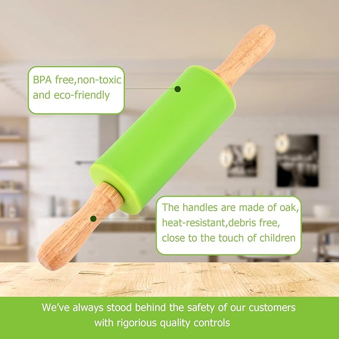 Mini Silicone Rolling Pin for Kids, Non-stick Surface Wood Handle, 9 Inch 4 Pack - Image 2
