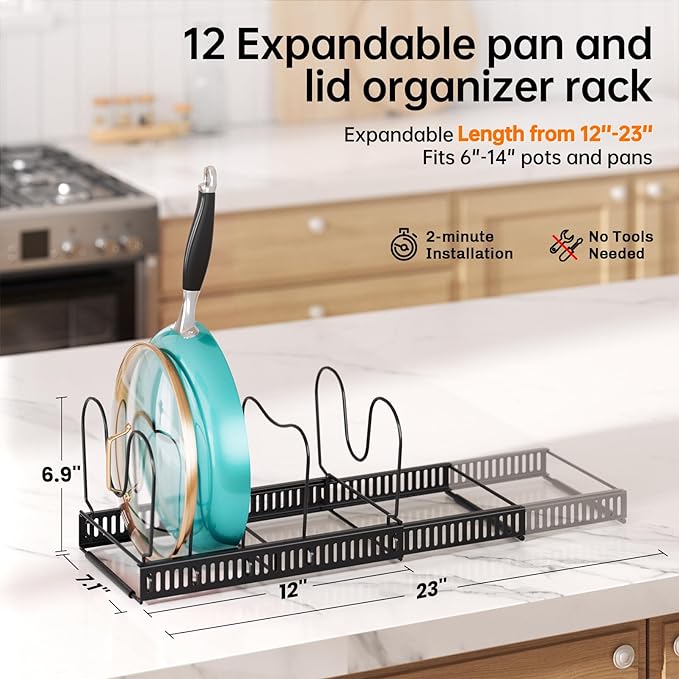 MUDEELA Expandable Pots and Pans Organizer Rack under Cabinet, Pots Lid - Image 2