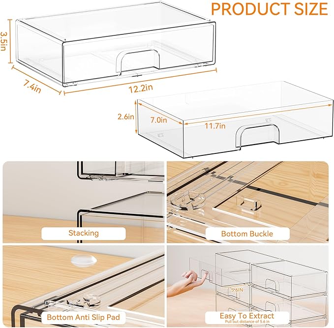 Yieach 12.1''W Clear Stackable Storage Drawers, 2 Pack Acrylic Drawer Organizer - Image 3