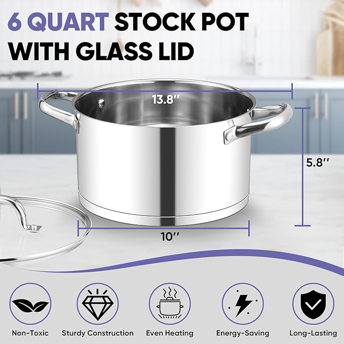 TeamFar 6QT Stainless Steel Stock Pot, Tri-ply Base Cooking Pasta Sauce Soup Pot - Image 2